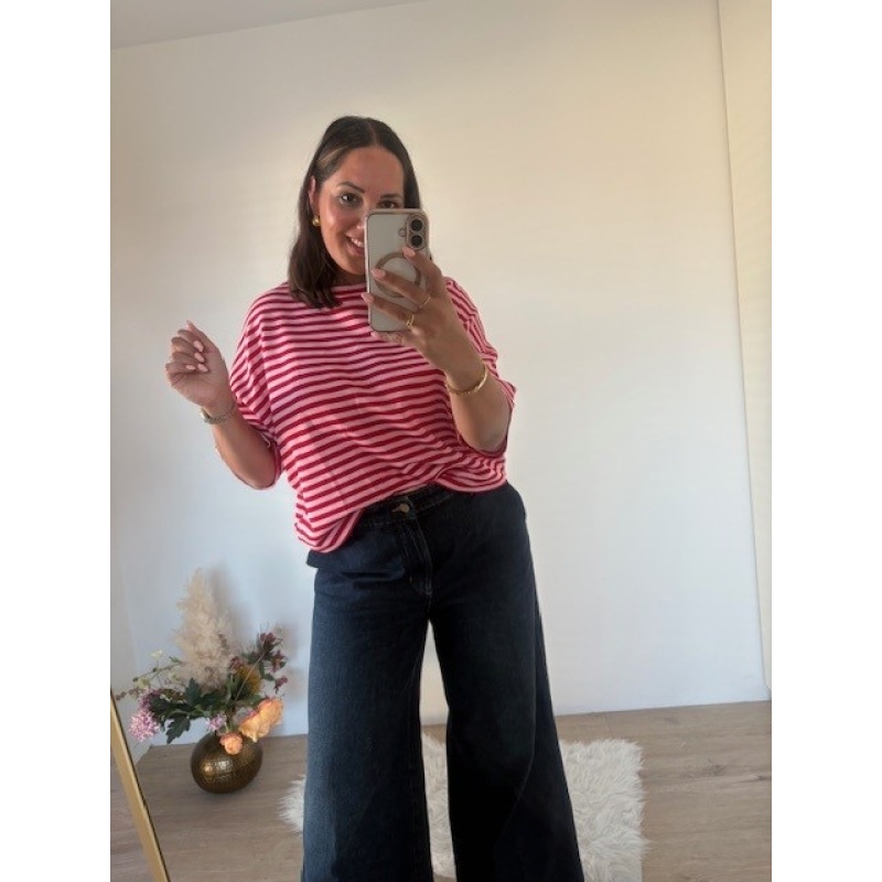 T-shirt gestreept roze en rood